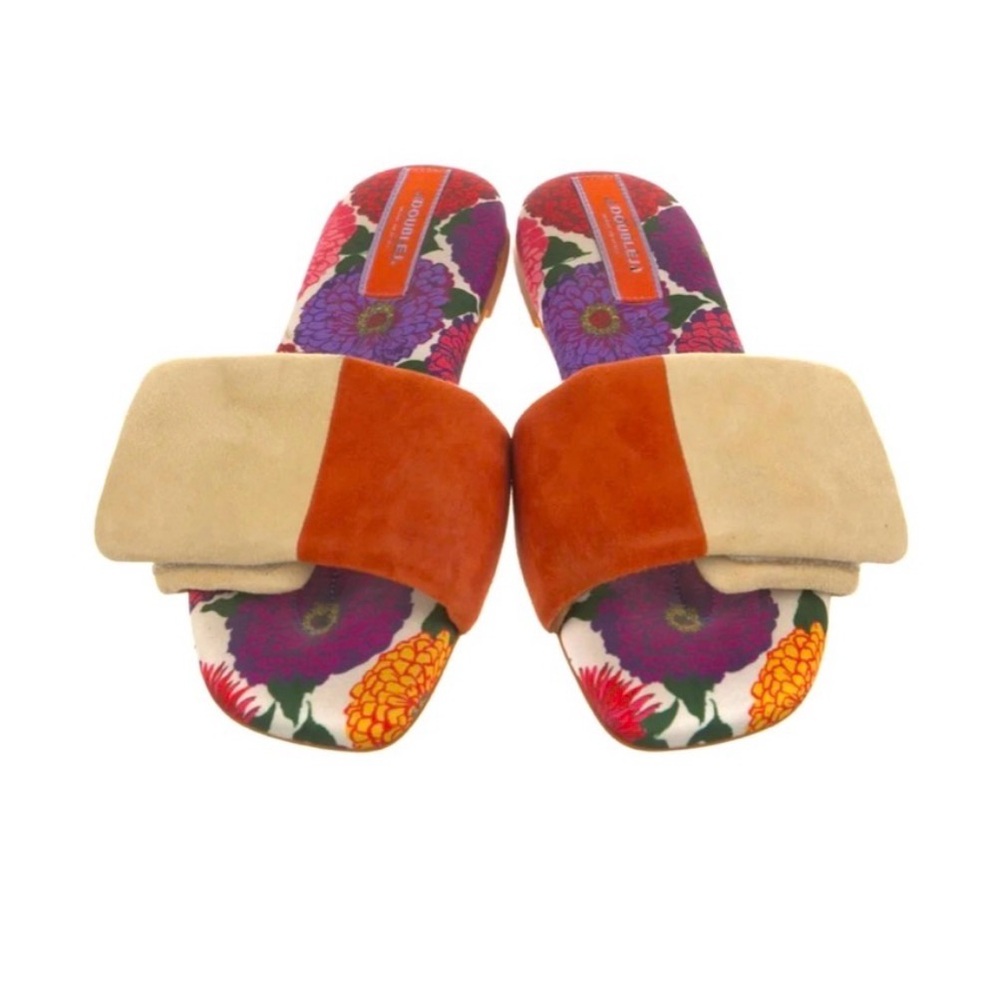 LA DOUBLEJ Gorgeous Bicolor Floral Suede Flat Slide Sandals